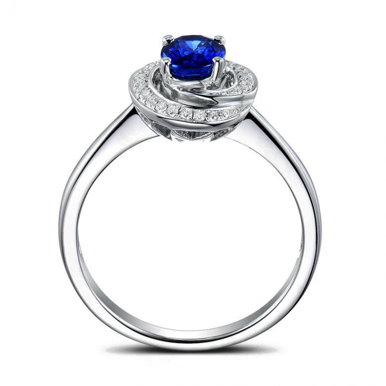 Bague saphir bleu. Or blanc, diamants myriade - 6
