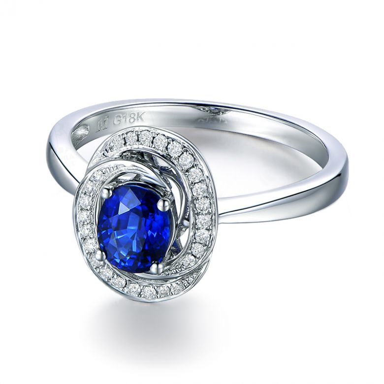 Bague saphir bleu. Or blanc, diamants myriade - 8