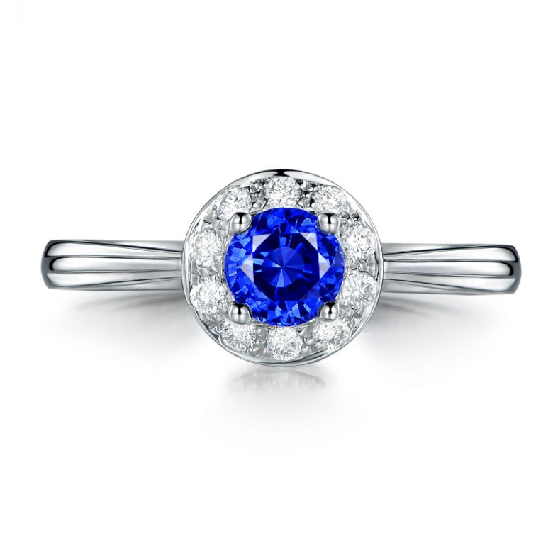 Bague fiançailles solitaire. Saphir bleu Or blanc et diamants - 6