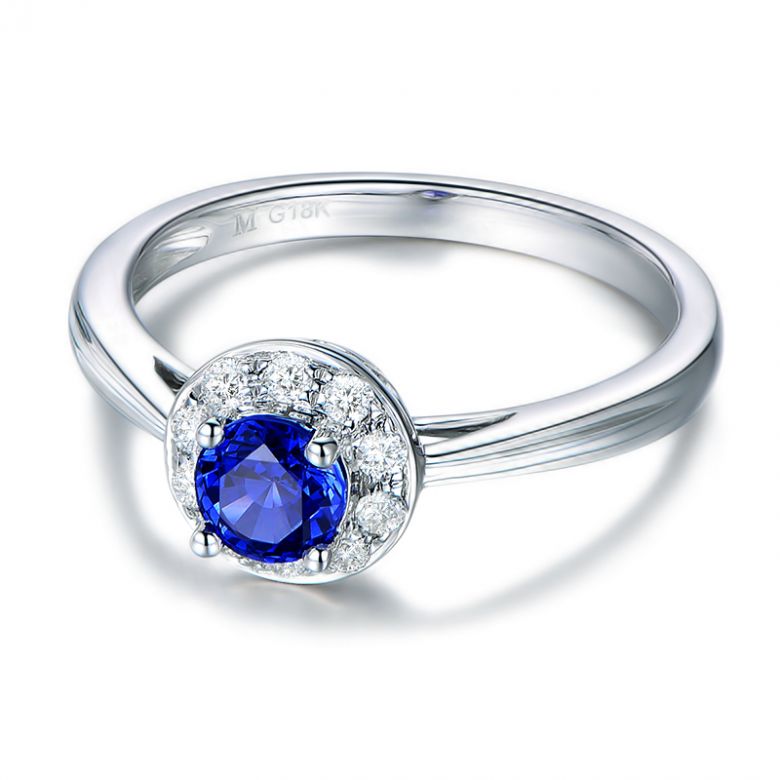 Bague fiançailles solitaire. Saphir bleu Or blanc et diamants - 2