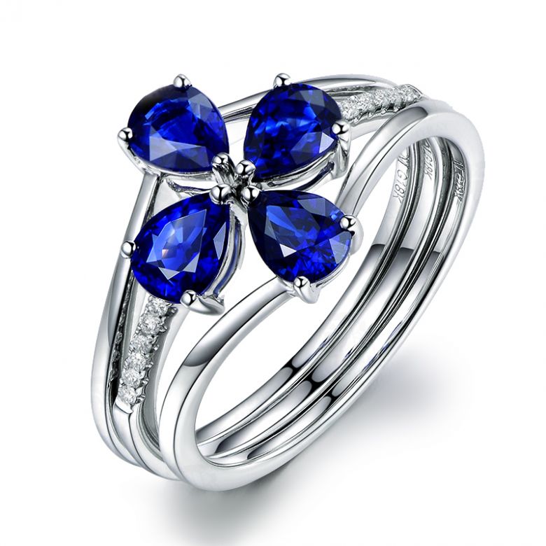 Bague solitaire saphirs fleur et Or blanc. Linéaire diamants - 1