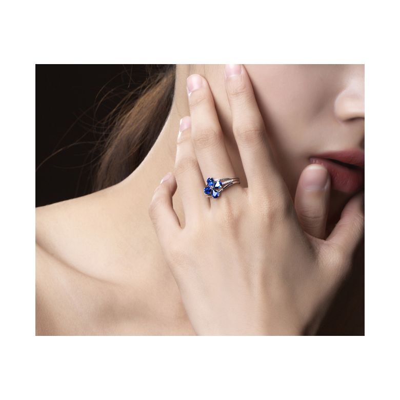 Bague solitaire saphirs fleur et Or blanc. Linéaire diamants - 7