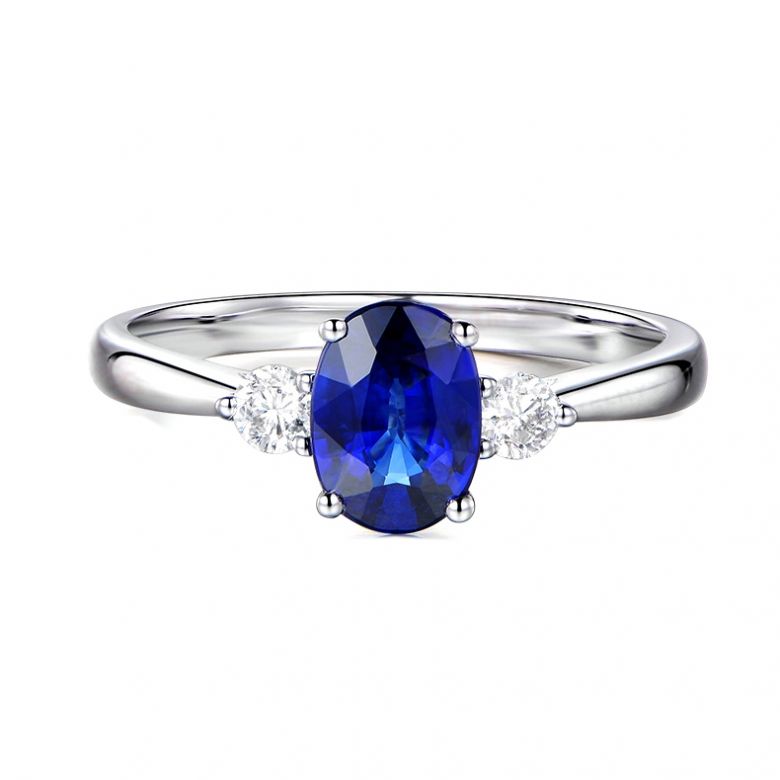 Solitaire trilogie saphir bleu 1 carat avec 2 diamants. Or blanc - 5