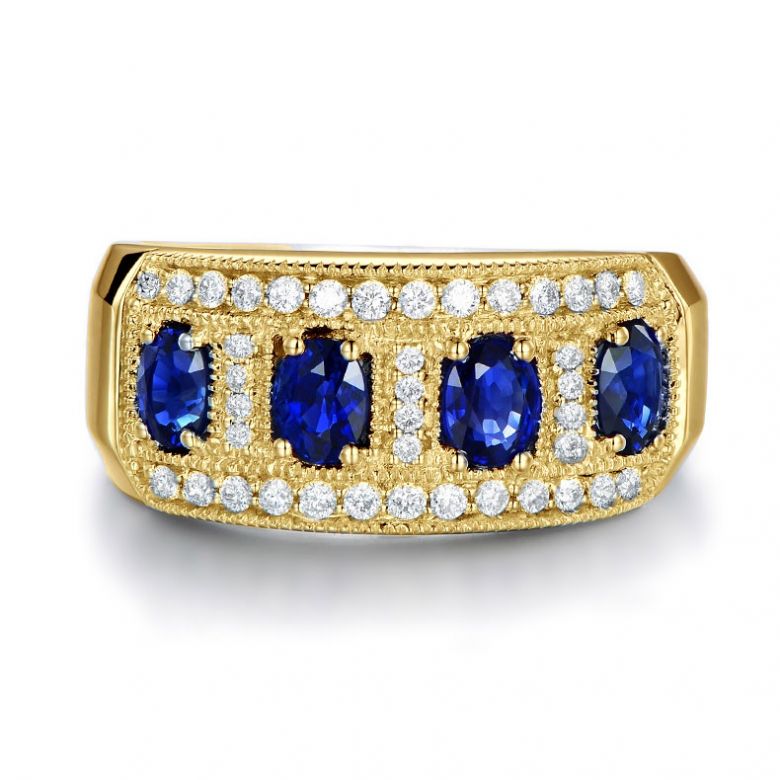 Bague quatuor saphirs. Pavage diamant. Or jaune | Bhagya - 3
