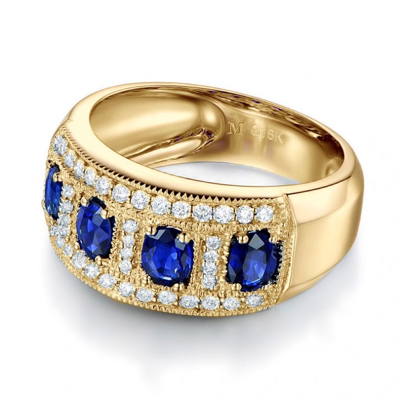 Bague quatuor saphirs. Pavage diamant. Or jaune | Bhagya - 6