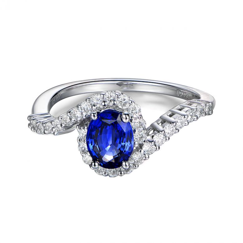 Bague saphir or blanc pavage diamant sinueux - 4