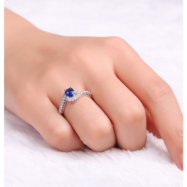 Bague saphir or blanc pavage diamant sinueux - 2