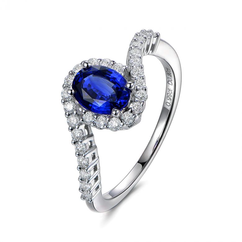 Bague saphir or blanc pavage diamant sinueux - 1