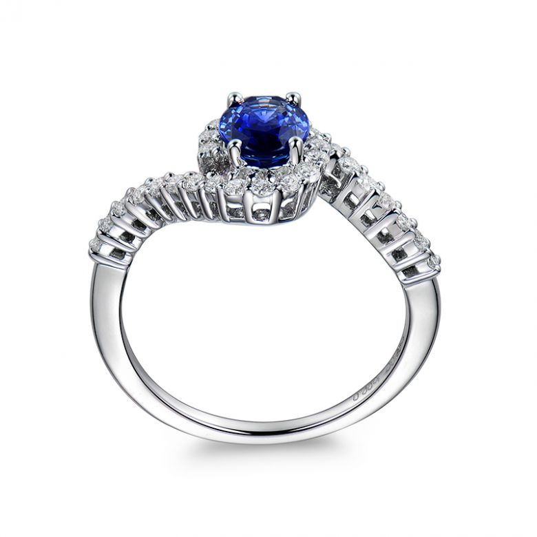 Bague saphir or blanc pavage diamant sinueux - 5