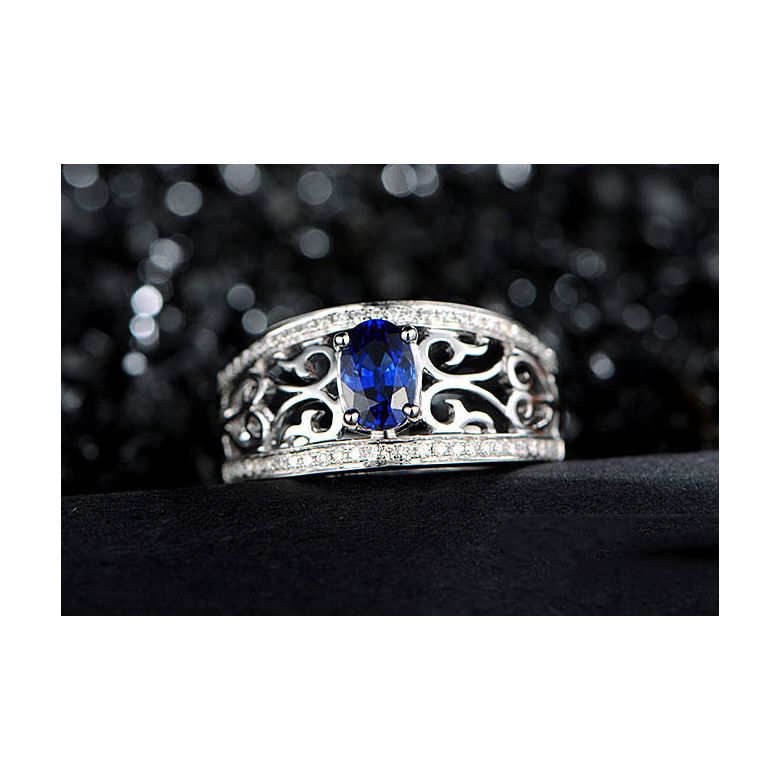 Bague fiançailles saphir 1ct. Or blanc. Motifs brodés dentelles - 3