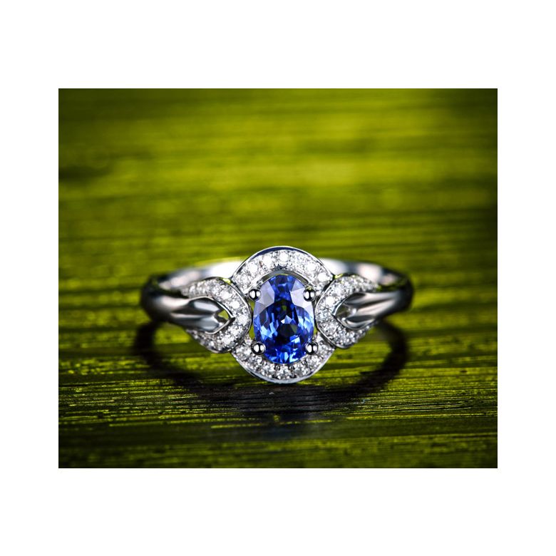 Bague fiançailles saphir diamants et or blanc. Motifs bouclés - 4