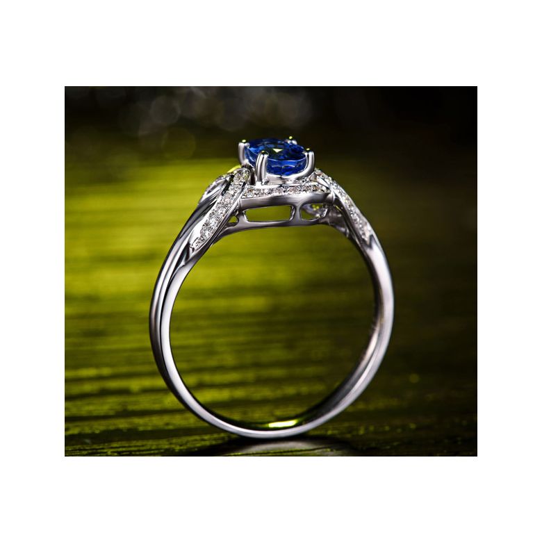 Bague fiançailles saphir diamants et or blanc. Motifs bouclés - 8