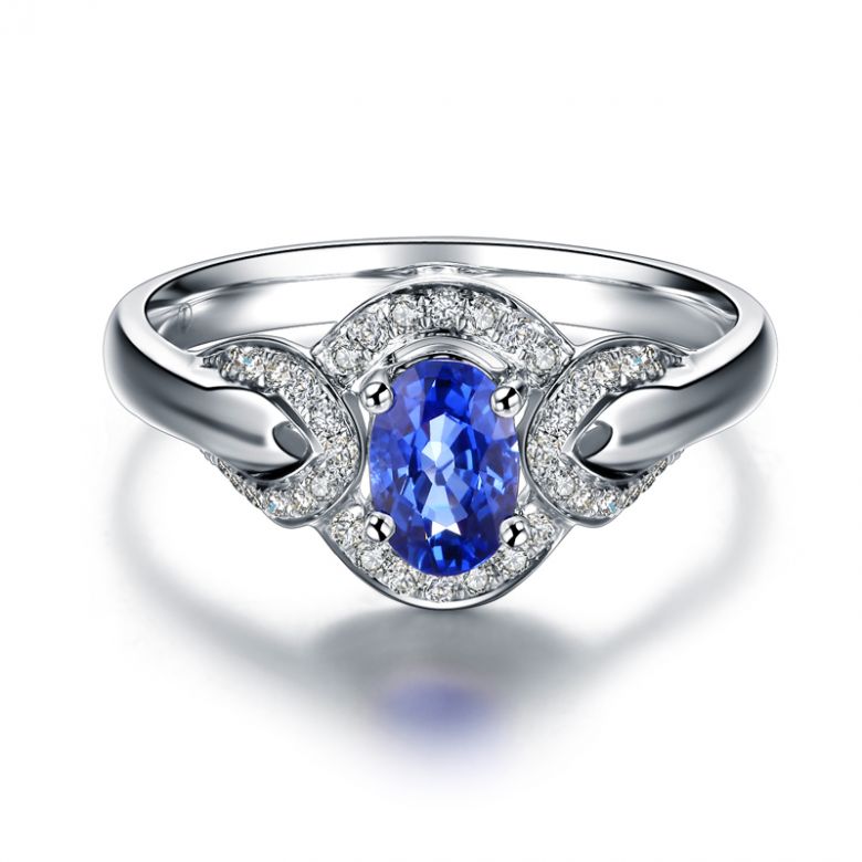 Bague fiançailles saphir diamants et or blanc. Motifs bouclés - 1