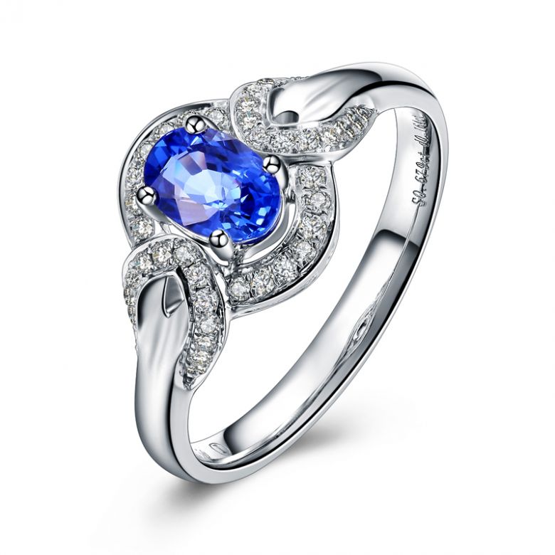 Bague fiançailles saphir diamants et or blanc. Motifs bouclés - 5