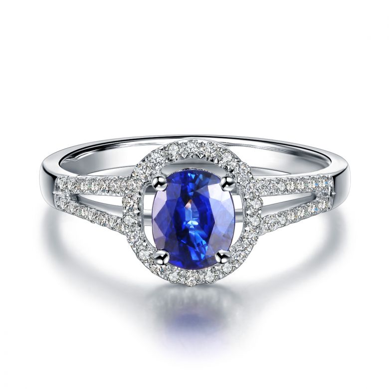 Bague de fiançailles saphir 0.90 carat. Or blanc, Diamants - 6