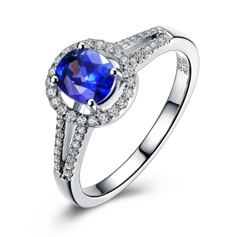 Bague de fiançailles saphir 0.90 carat. Or blanc, Diamants - 1