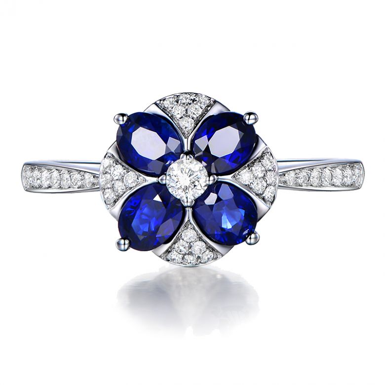 Bague solitaire fleur bleue. Or blanc, saphirs et diamants - 8