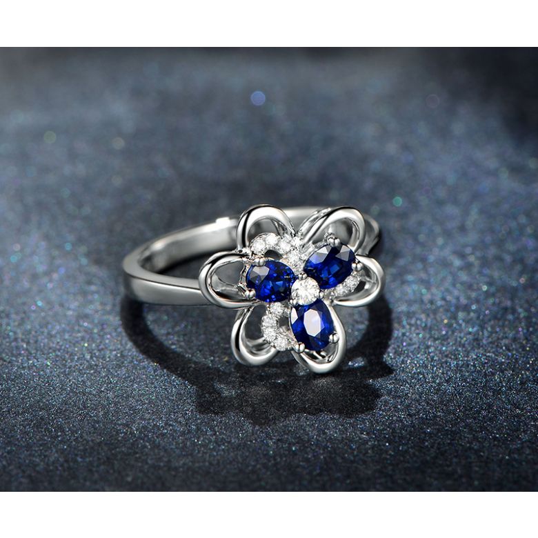 Bague fleur Or blanc fleur anémone. Diamants, saphirs - 4