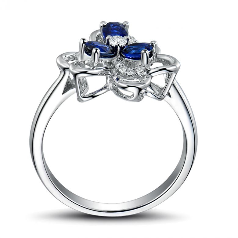 Bague fleur Or blanc fleur anémone. Diamants, saphirs - 8
