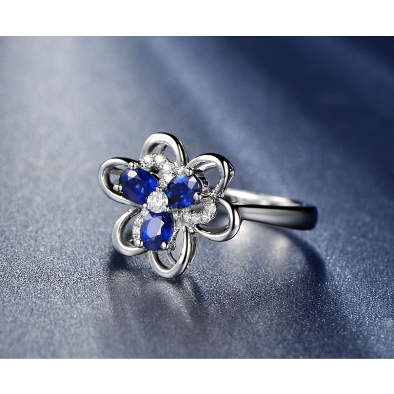 Bague fleur Or blanc fleur anémone. Diamants, saphirs - 3