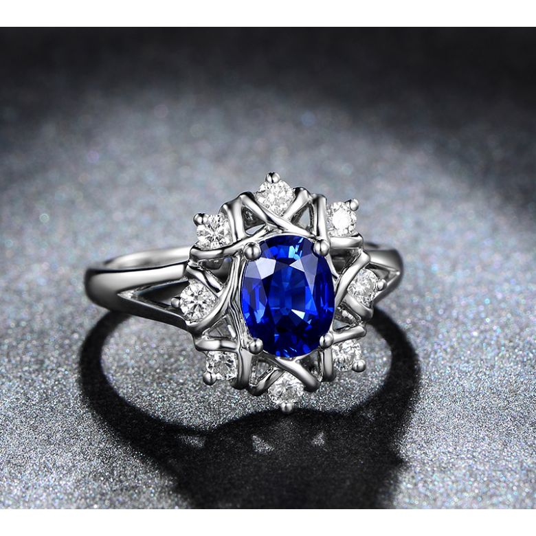 Bague fiancailles fleur saphir et diamants. Solitaire Or blanc - 3