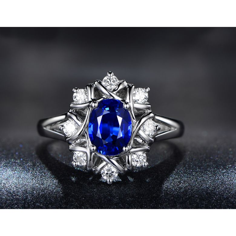 Bague fiancailles fleur saphir et diamants. Solitaire Or blanc - 5