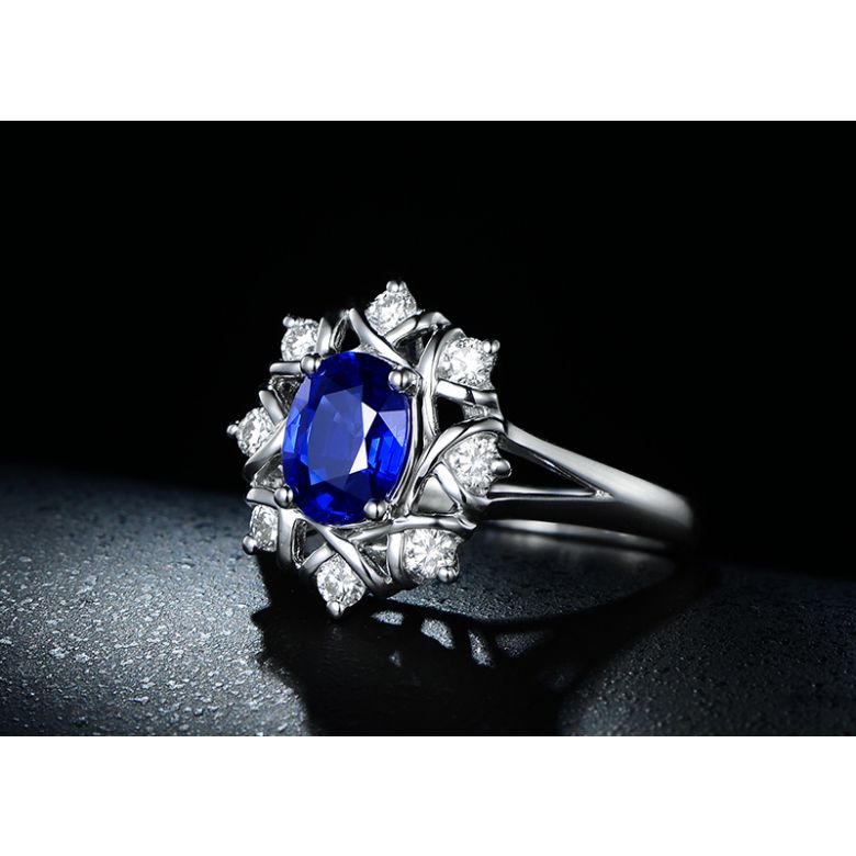 Bague fiancailles fleur saphir et diamants. Solitaire Or blanc - 6