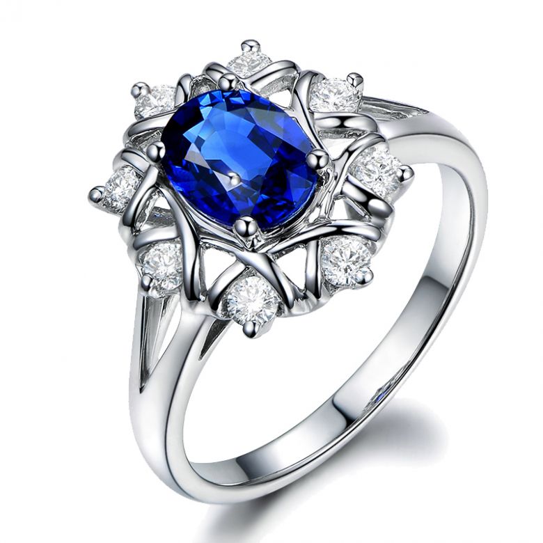 Bague fiancailles fleur saphir et diamants. Solitaire Or blanc - 1