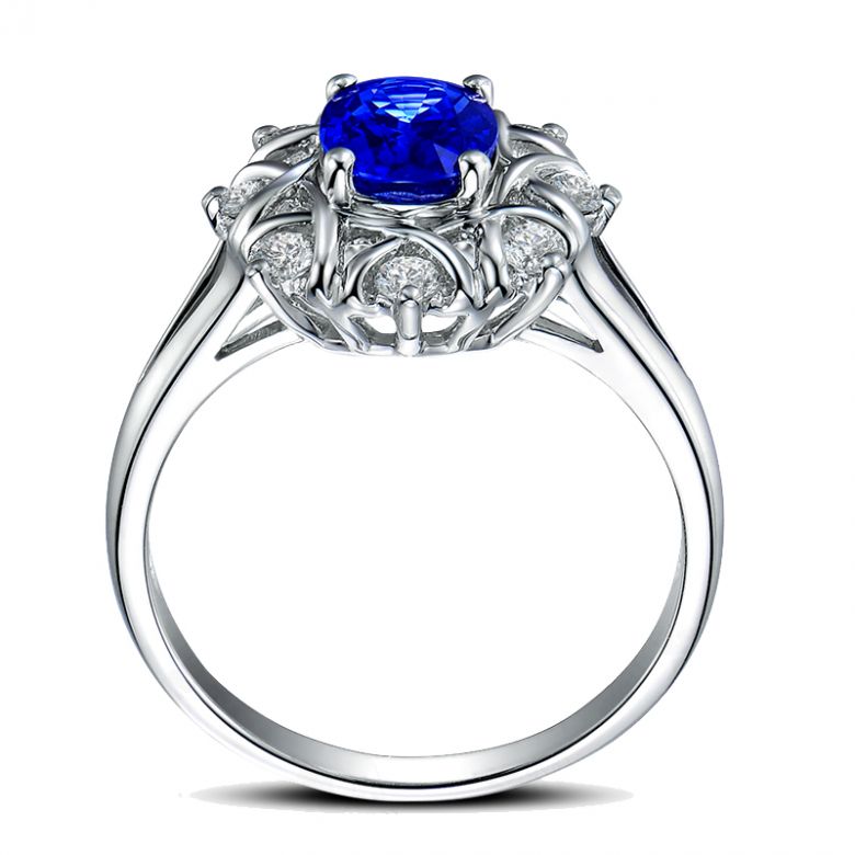 Bague fiancailles fleur saphir et diamants. Solitaire Or blanc - 11