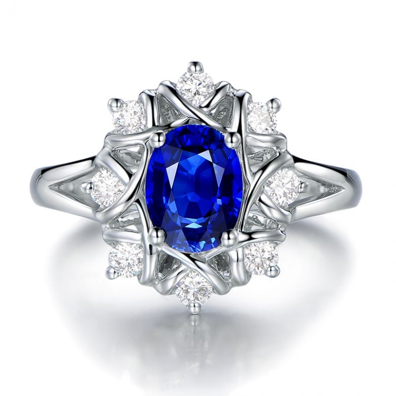 Bague fiancailles fleur saphir et diamants. Solitaire Or blanc - 10