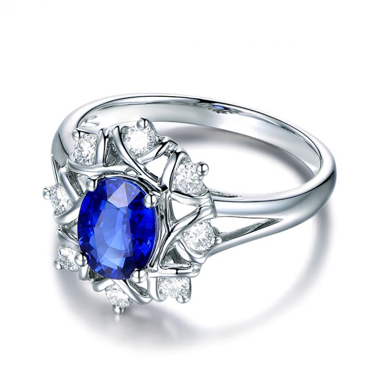 Bague fiancailles fleur saphir et diamants. Solitaire Or blanc - 9