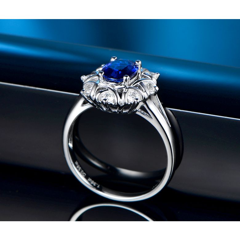 Bague fiancailles fleur saphir et diamants. Solitaire Or blanc - 7