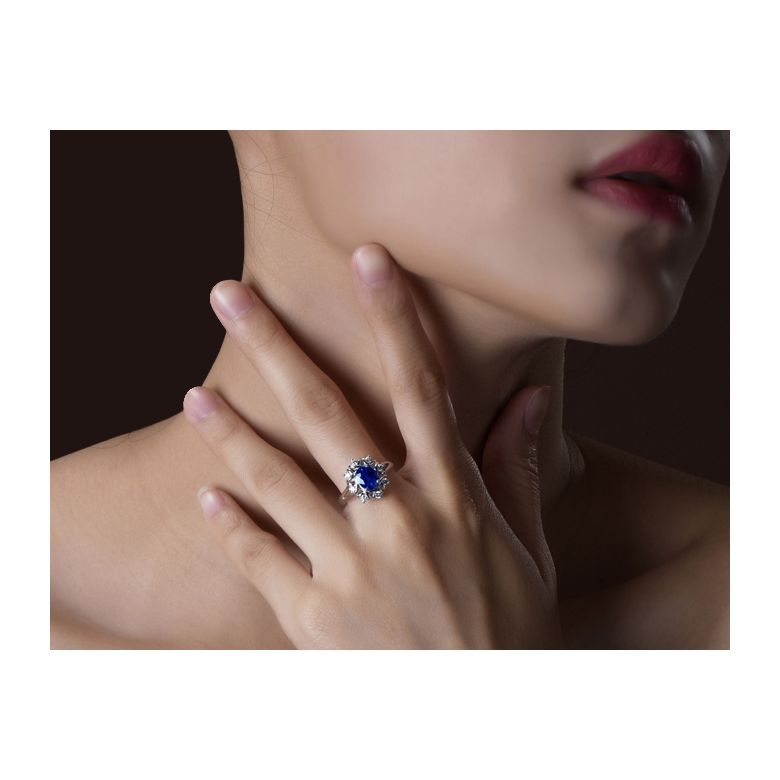 Bague fiancailles fleur saphir et diamants. Solitaire Or blanc - 2