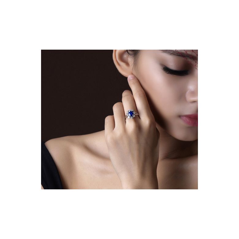Bague fiancailles fleur saphir et diamants. Solitaire Or blanc - 8