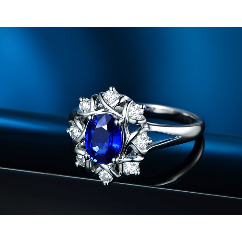Bague fiancailles fleur saphir et diamants. Solitaire Or blanc - 4