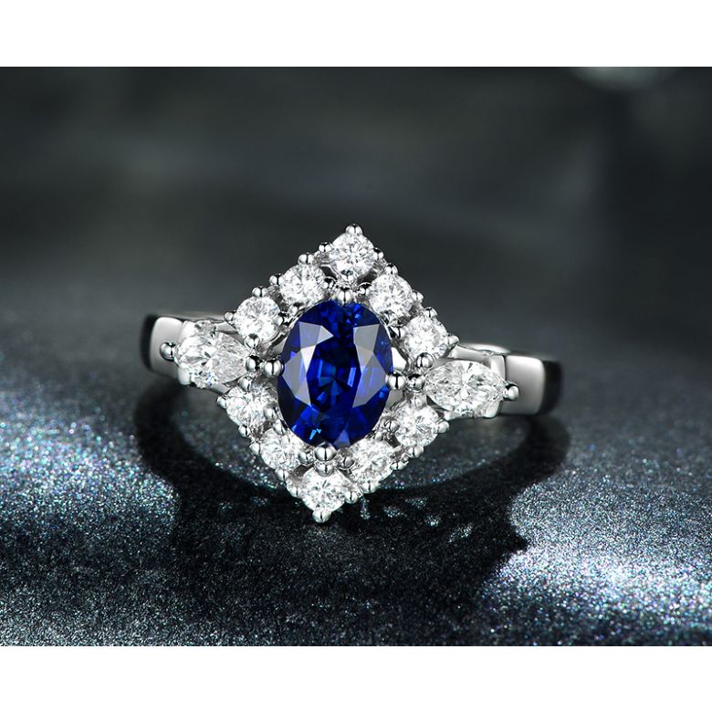 Bague fiançailles saphir diamants et or blanc.  - 3