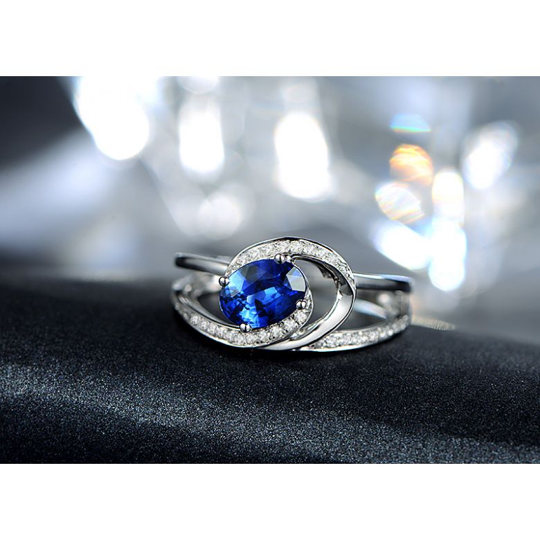 Bague de fiançailles saphir ovale 1 carat. Diamant, Or blanc - 4