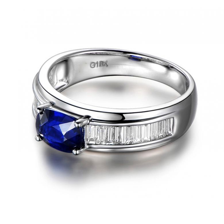 Bague contraste Saphir et Diamants taille émeraude. Or blanc 18 - 2
