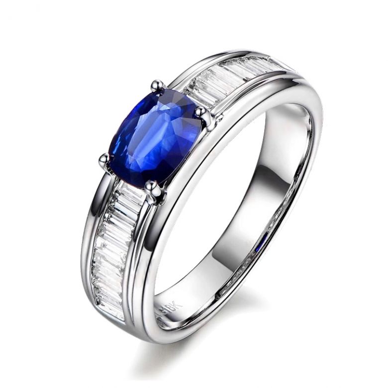 Bague contraste Saphir et Diamants taille émeraude. Or blanc 18 - 1