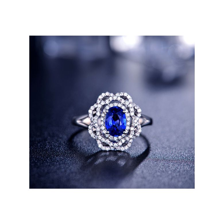 Bague fiancailles saphir bleu diamants. Or blanc, fleur éclose - 6