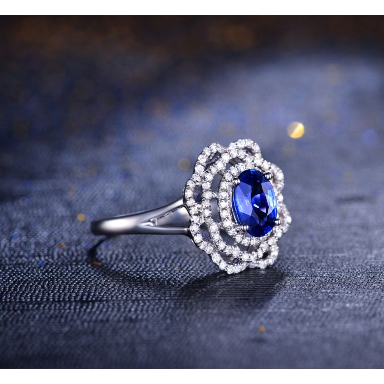 Bague fiancailles saphir bleu diamants. Or blanc, fleur éclose - 4