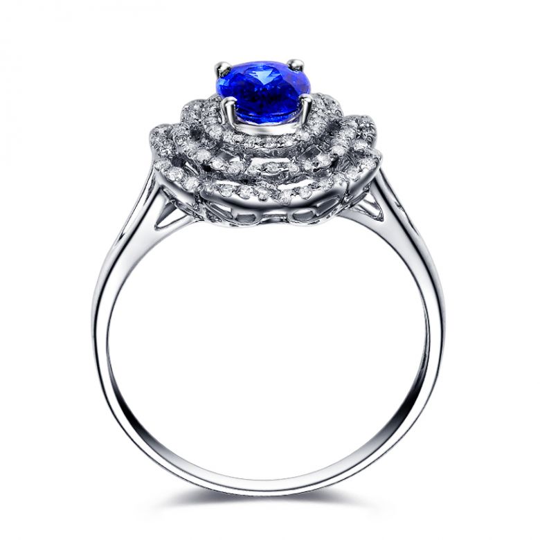 Bague fiancailles saphir bleu diamants. Or blanc, fleur éclose - 7