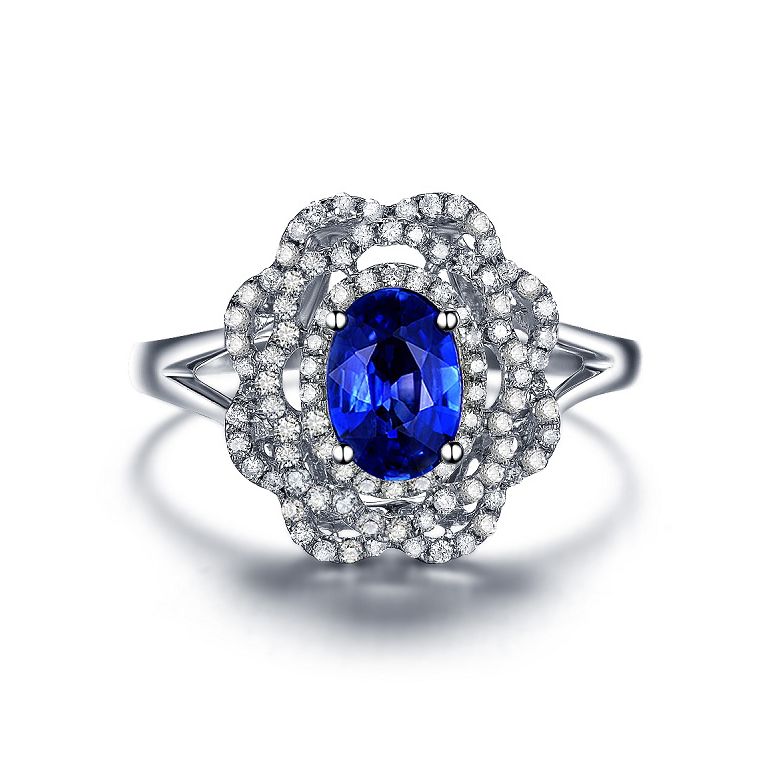 Bague fiancailles saphir bleu diamants. Or blanc, fleur éclose - 8
