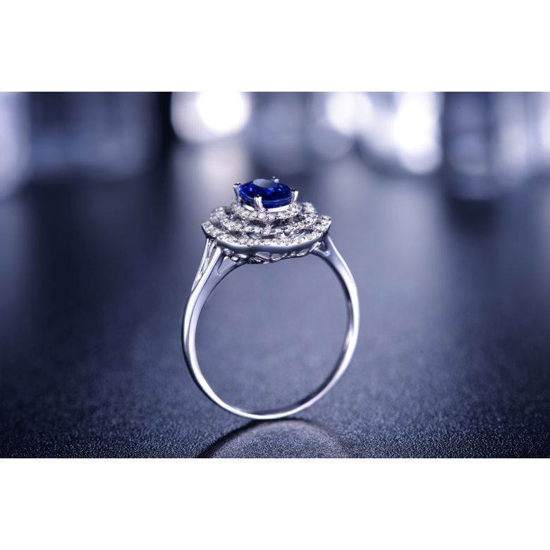 Bague fiancailles saphir bleu diamants. Or blanc, fleur éclose - 5