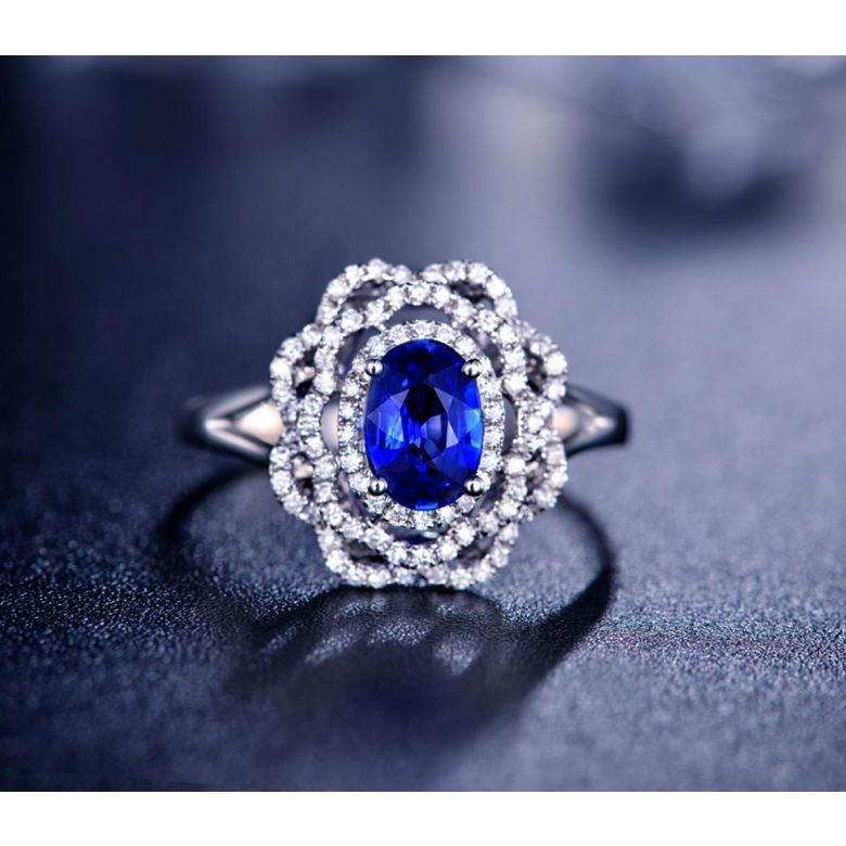 Bague fiancailles saphir bleu diamants. Or blanc, fleur éclose - 2
