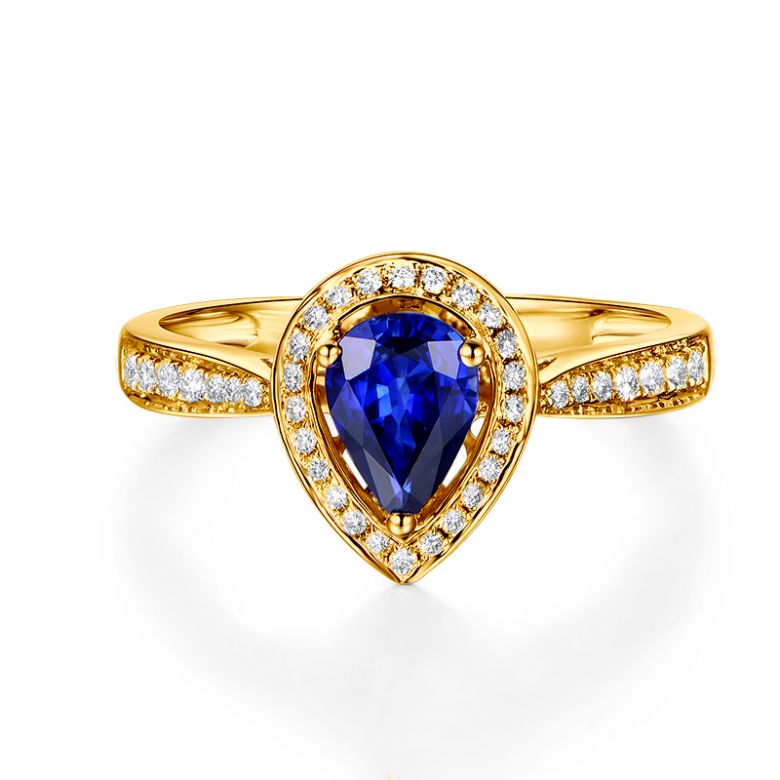 Bague de fiancailles saphir forme poire. Or jaune, diamants - 6