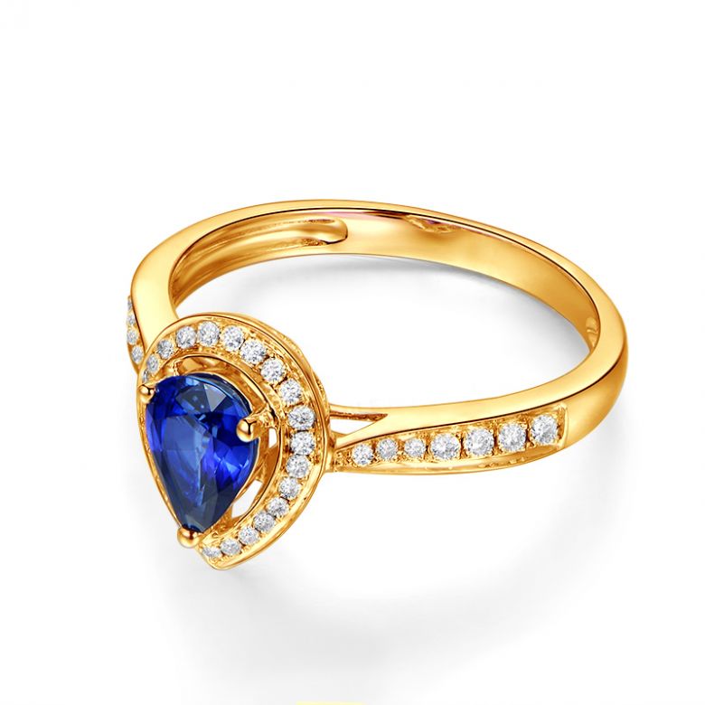 Bague de fiancailles saphir forme poire. Or jaune, diamants - 7