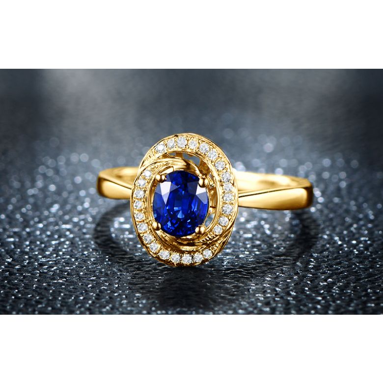 Bague saphir bleu. Or jaune, diamants myriade - 4
