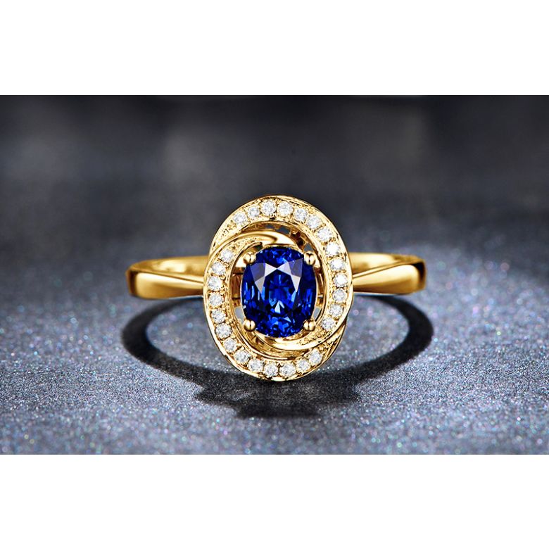 Bague saphir bleu. Or jaune, diamants myriade - 3