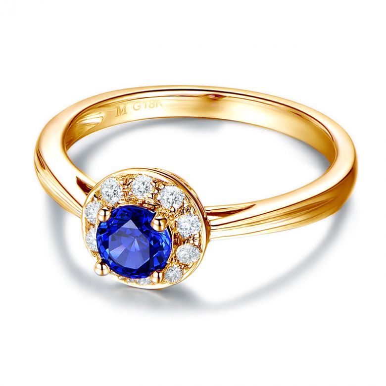 Bague fiançailles solitaire. Saphir bleu Or jaune et diamants - 7